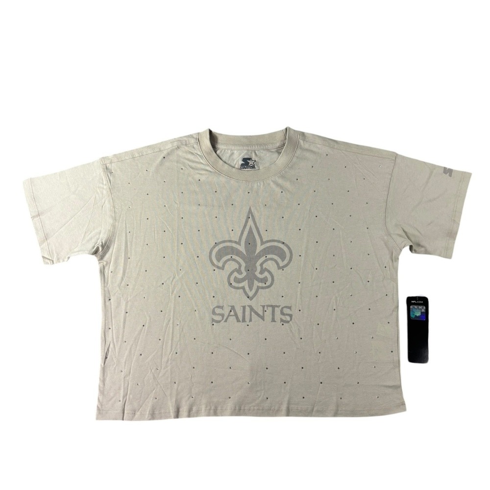 Starter New Orleans Saints NFL Rhinestone Cropped T-Shirt Tan Womens Small NEW